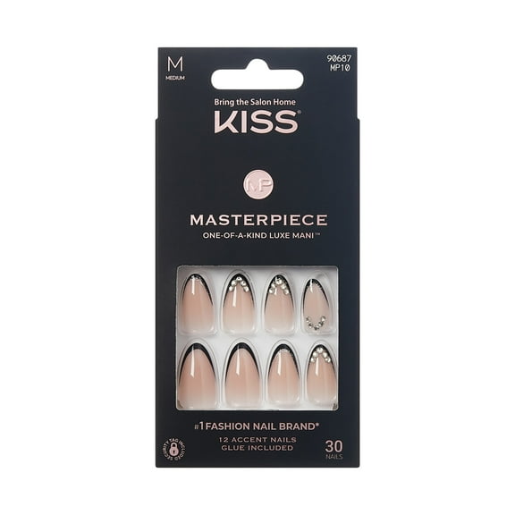 KISS Masterpice Press on Nails, Perfection, Black, Medium Almond, 30 Count