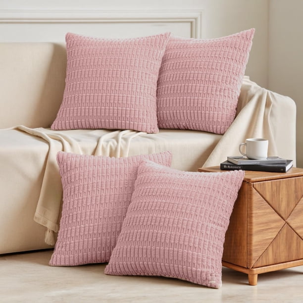 4 Fundas de cojín Decorativas, Funda de cojín de Pana para sofá, Funda de Almohada a Rayas de Estilo Bohemio de Pana Suave para sofá, Cama, Recámara, Sala de Estar. (Rosa Claro)