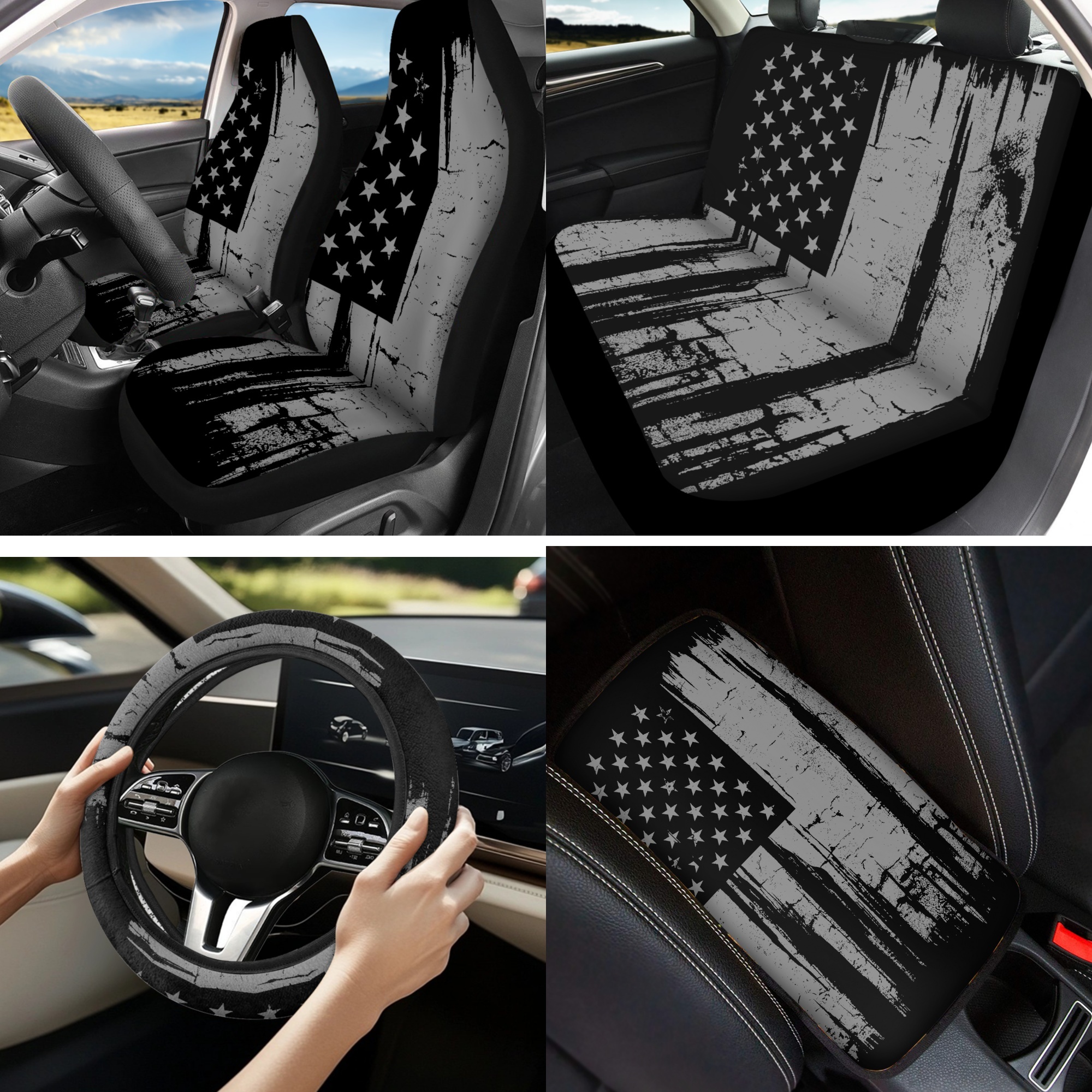Jeiento 13 Pcs American Flag Car Accessories Full Set Car Seat Cover Steering Wheel Cup Holder Armrest Pad Keychain Lipstick Holder Interior Auto Decor Fit for Most Cars Truck SUV Van Sedan