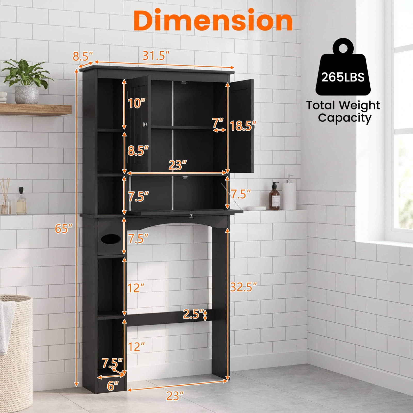 Vebreda Over-the-Toilet Storage Cabinet, Freestanding Bathroom Space Saver with 2 Cabinets, 5 Open Compartments and Height-Adjustable Bottom Bar, Tissue Box Slot, White and Black