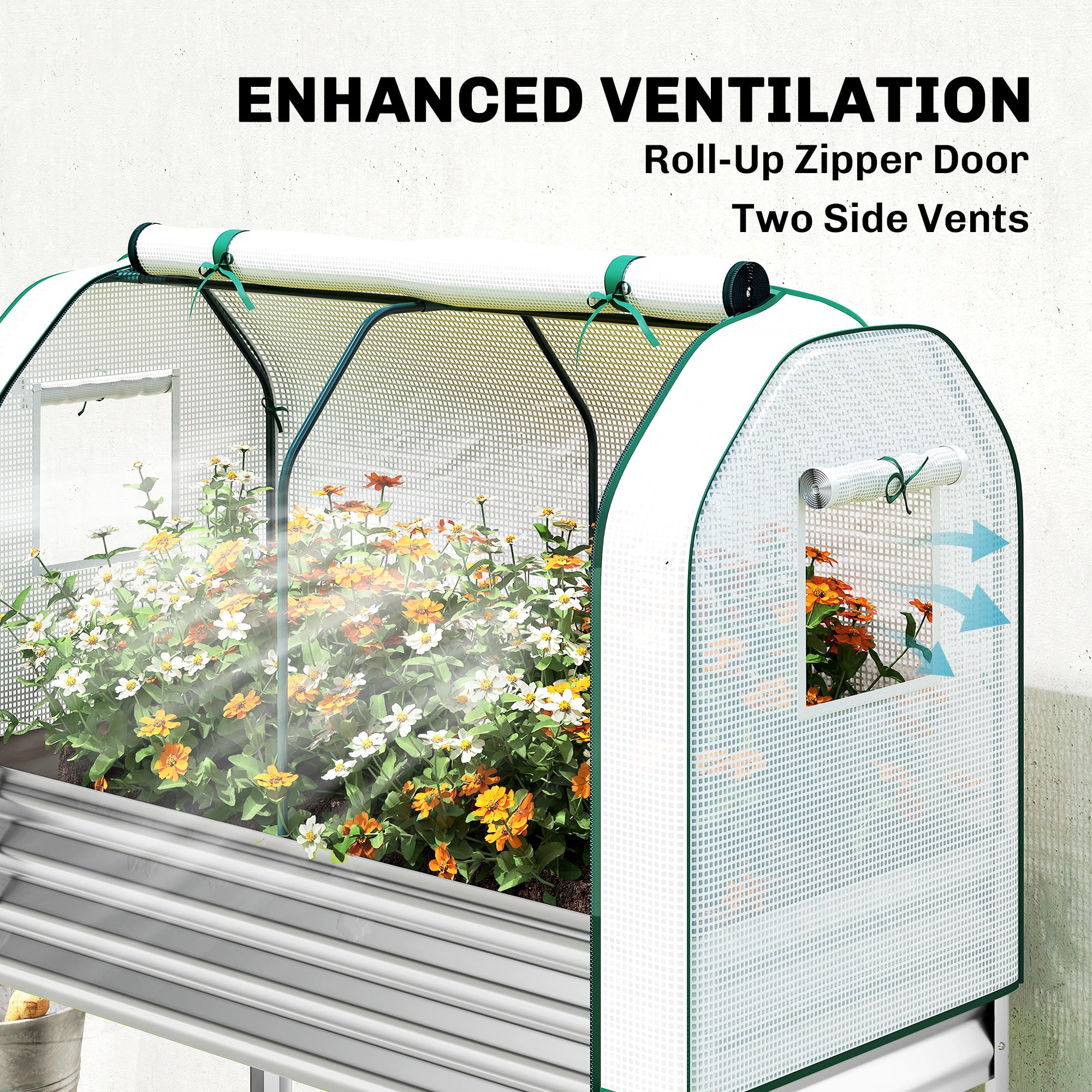 Outsunny Galvanised Raised Garden Bed with Greenhouse Cover, Metal Elevated Garden Bed with Bed Liner and Bottom Shelf, Silver