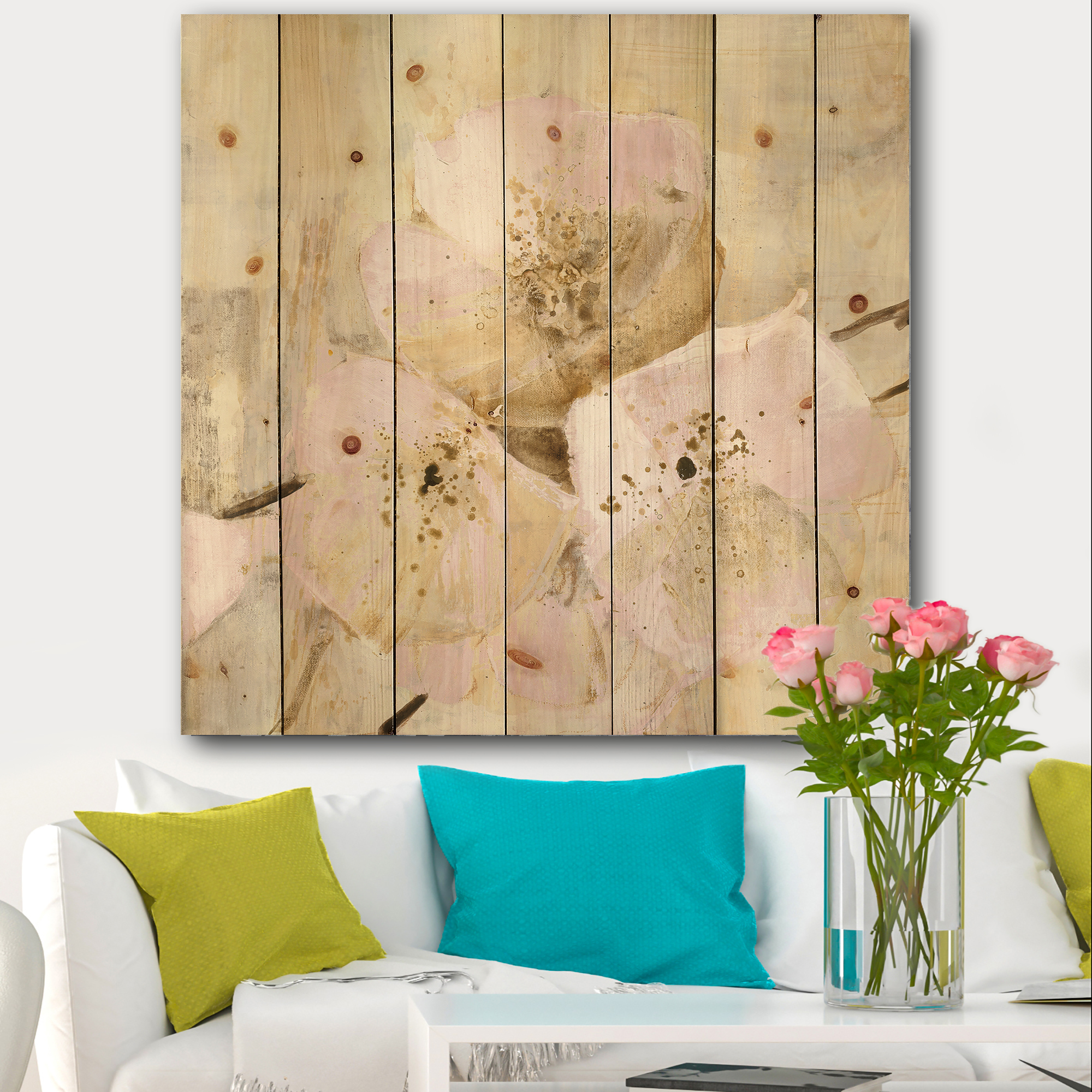 Designart 'Elegance III Pink' Shabby Chic Print on Natural Pine Wood