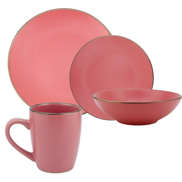 Vajilla cerámica Ambient 21 colección Luxe acabado mate Filo dorado 4 personas 16 piezas Coral