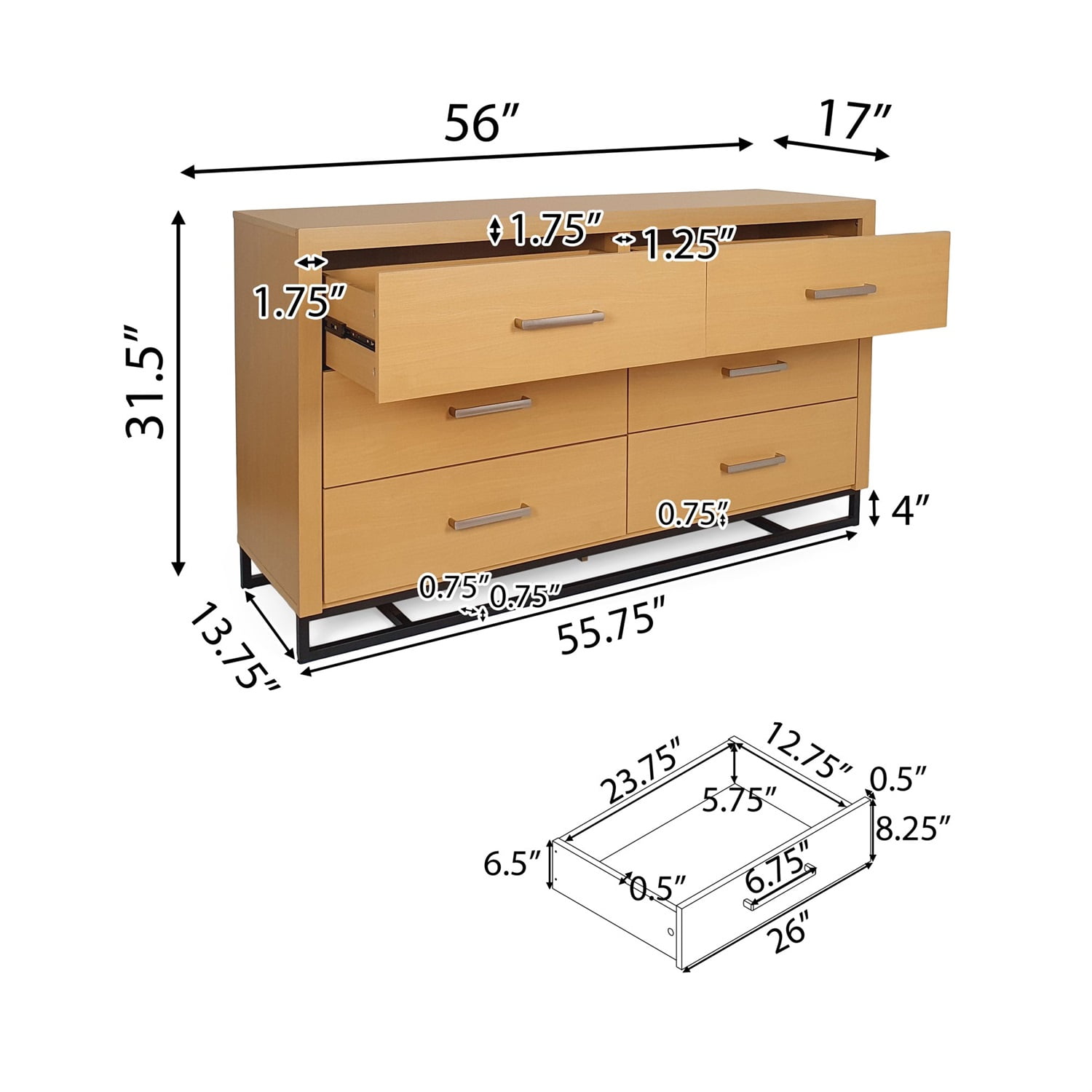 Kadyn 6 Drawer Double Dresser, Drawer Dresser for Bedroom, Modern Drawer Dresser for Living Room, Maple and Black Kadyn 6 Drawer Double Dresser, Drawer Dresser for Bedroom, Modern Drawer Dresser for Living Room, Maple and Black