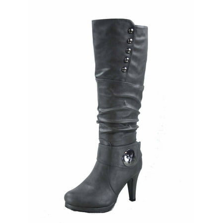 

Win-45 Women s Fashion Knee High Round Toe Slouched High Heel Platform Boots ( Grey 8.5 )