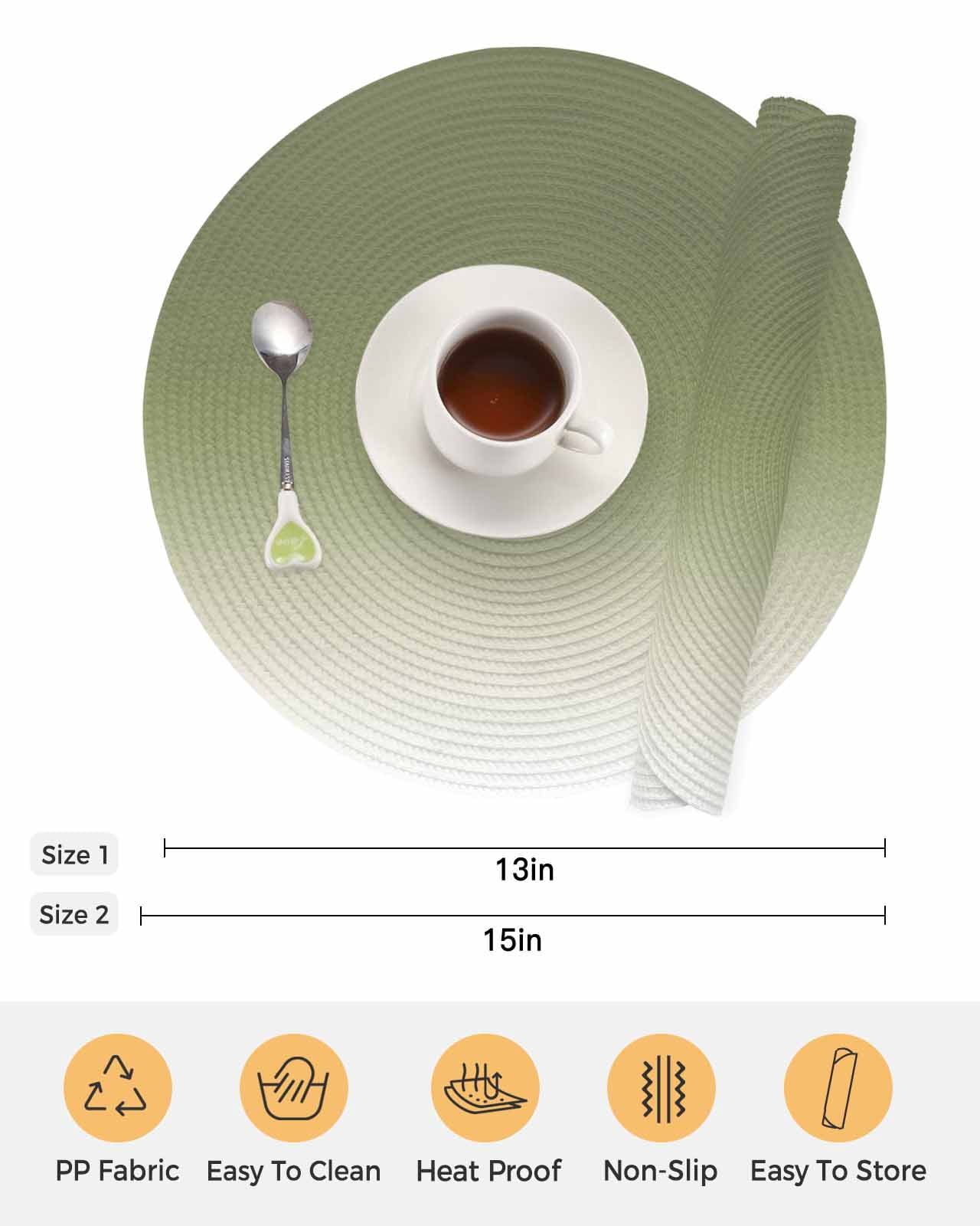 Sage Green Ombre Round Placemats Set of 6 for Dinning Tables,Heat-proof Braided Table Mats 13 Inch,Farmhouse Sage Green Ombre Washable Place Mat for Kitchen Restaurant Party Decor Table Setting