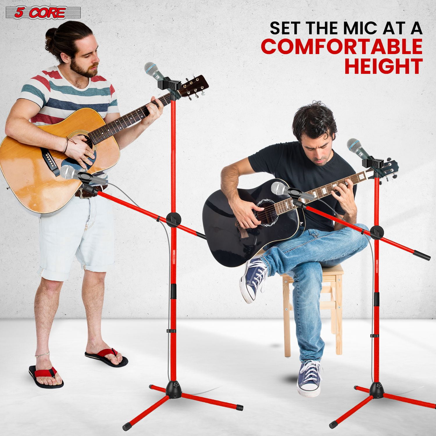 Tripod Mic Stand Floor Adjustable 31 to 76 Inches Boom Arm Holder Microphone Stands 360 Degree Rotating + Dual Mic,RED