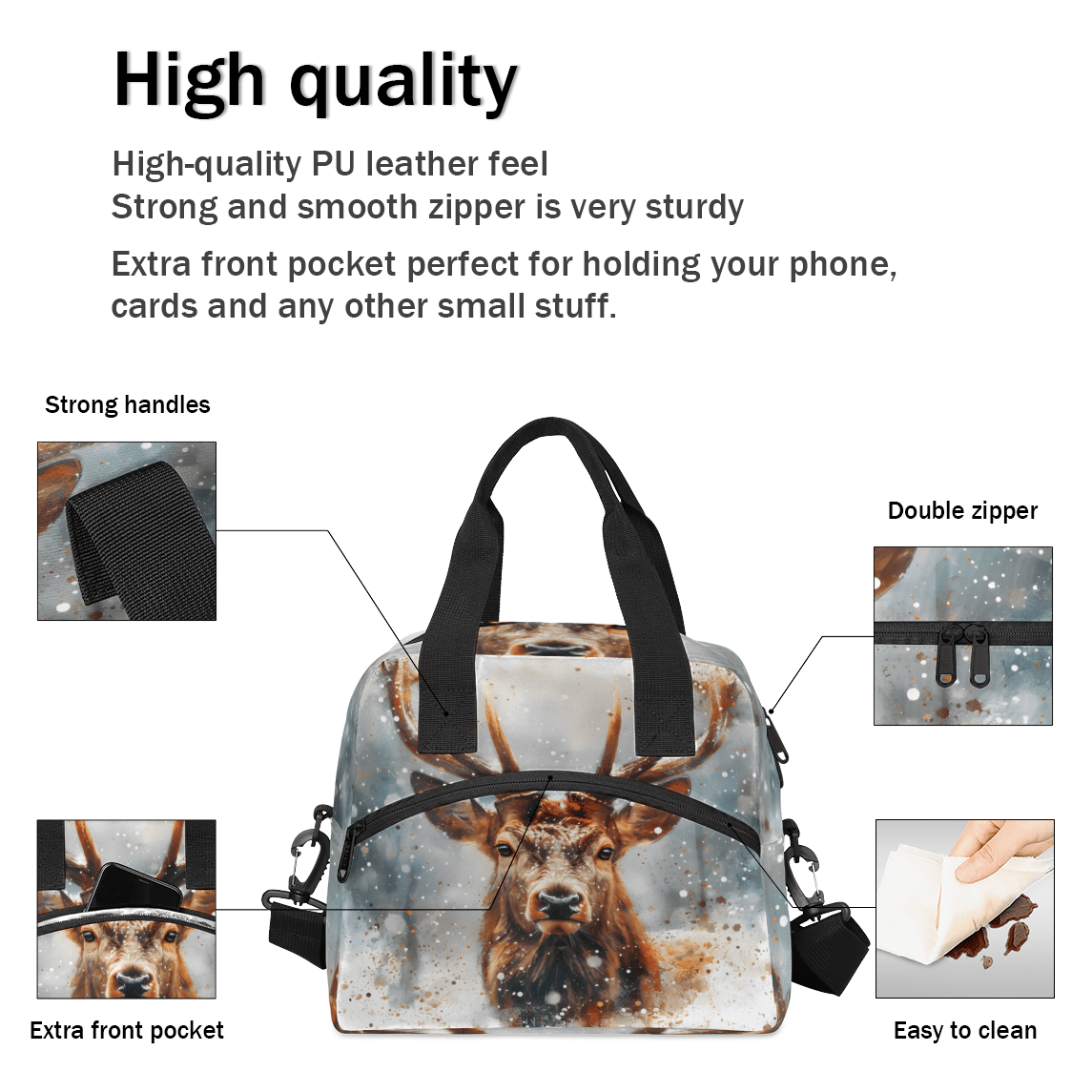 Herdesigns Deer Moose Insulated Lunch Bag for Women Men Adults Large Reusable Lunch Box Leakproof Portable Cooler Tote Bags with Adjustable Shoulder Strap