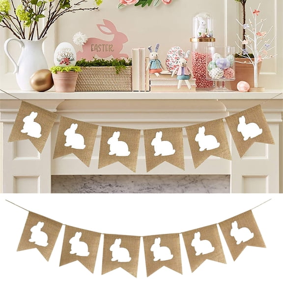 Easter Bunny Burlap Wreath Decoration with Banner Flag Raising Party Set for Spring Celebration