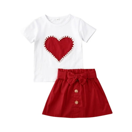 

Toddler Kids Baby Girl Valentines Day Outfit Short Sleeve Pearl Love Heart Tops Skirts Summer 2pcs Clothes Set