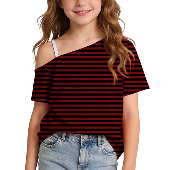HAiming Girls Tops off the Shoulder Short Sleeve Striped Color Block T Shirts Loose Casual Fashion Tee Summer Vacation Workout Blouses