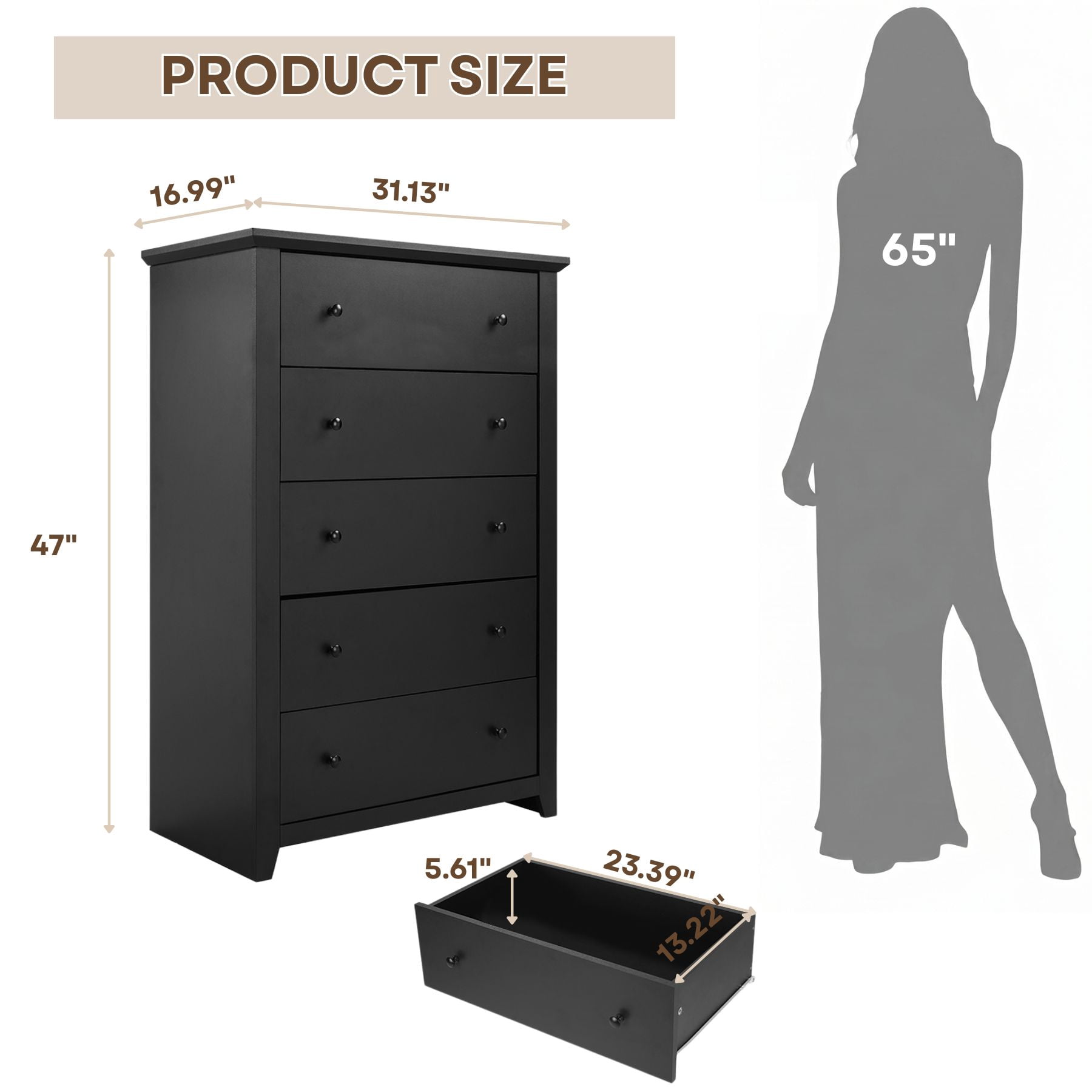 TrumanPick Black Dresser for Bedroom Chest of Drawers 5 Drawer Dresser 47" Tall Wood Dresser for Living Room
