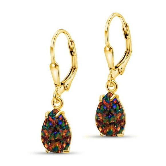 Yellow Gold Plated Sterling Silver Teardrop Earrings with Black Opal –Elegant Lever Back Design