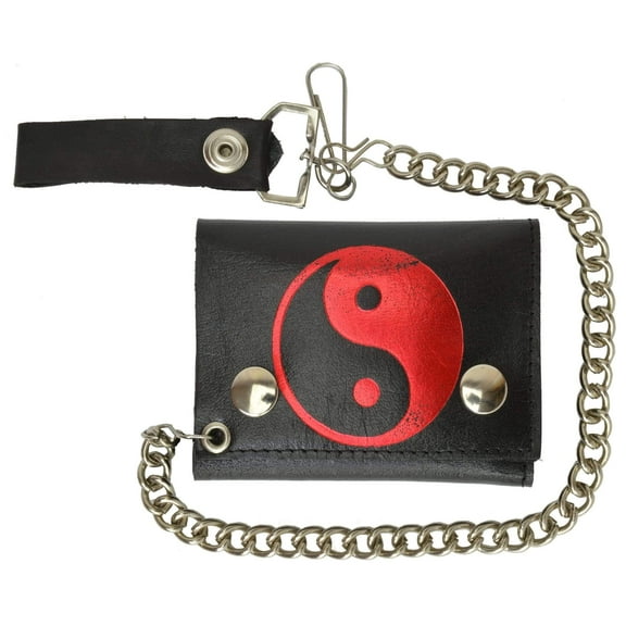Chain Trifold Genuine Leather Wallet with Red and Black Yin Yang Ball Imprint 946-20 (C)