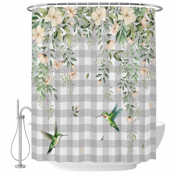 Watercolor Floral Shower Curtain Set - 72" x 78" Washable Bathtub Curtain with 12 Hooks, Spring Flowers Birds Plants Gray Plaid Waterproof Fabric Stall Shower Curtains for Bathroom/Bathtub Décor