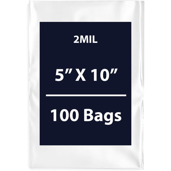Clear Flat Poly Bags, 2Mil 5" X 10" & 100 Bags | Low-Density Polyethylene (LDPE), Flat Open Top Plastic Packaging Packing | Flexible and Durable Plastic Bags