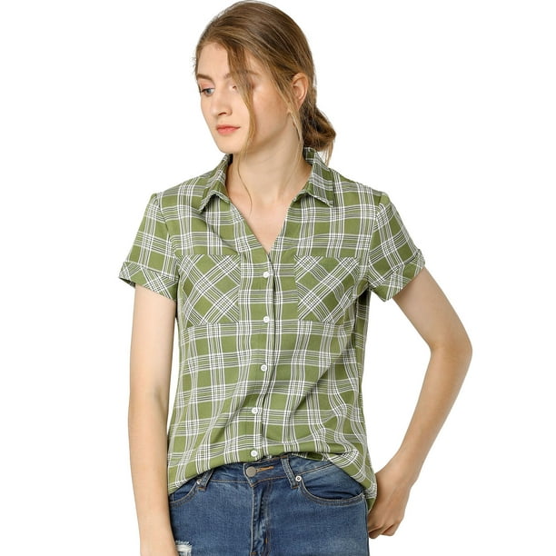 CamiDe Cuadros Estilo Western De Algodón Clásico Con Botones PaMujer Verde claro L