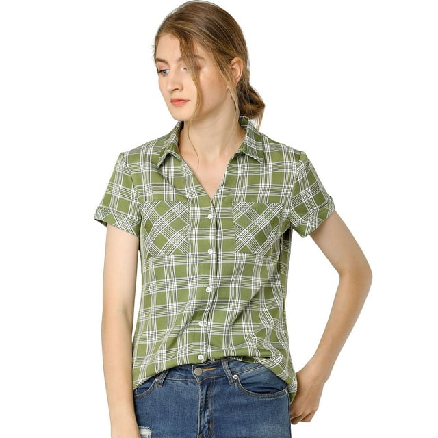 INSPIRE CHIC Chemise à Carreaux pour Femme en Coton Style Boyfriend à Boutons devant à Manches Courtes