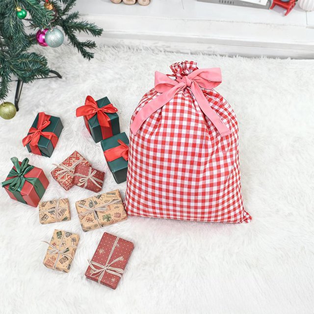 Feltree Christmas Plaid Drawstring Gift Bag Large 27x20 Inch Reusable Fabric Storage for Holiday Decorations and Gifts