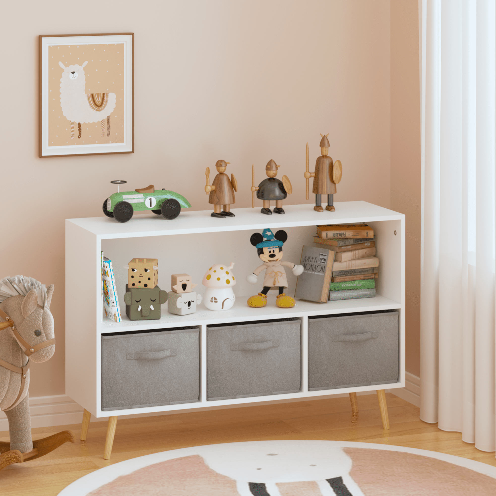 White & Gray Kids Bookcase with Fabric Drawers, MDF Storage Organizer for Toys & Books, 35.4"x11"x23.6", Wall-Safe Design, Easy Assembly