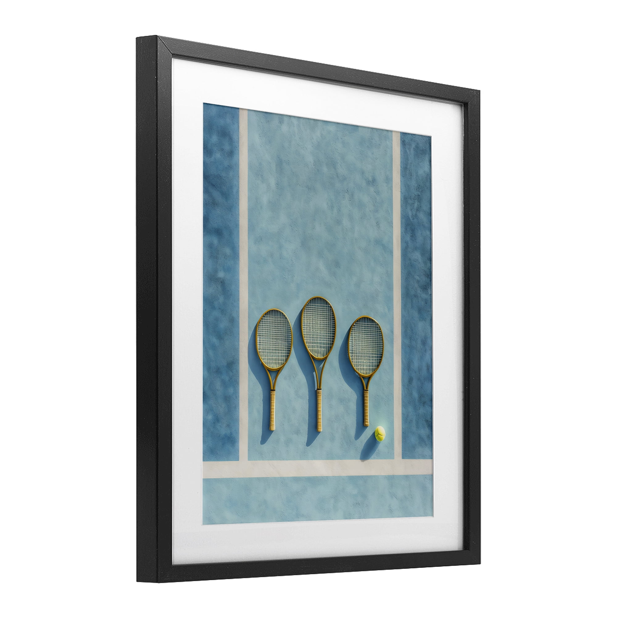 Tennis Racket Trio Black Framed Print Under Glass, design by Franklyn Gregory