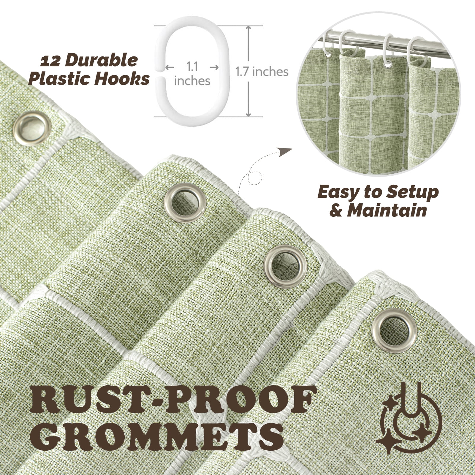 Lipa Boho Farmhouse Shower Curtain,Rustic Linen Blend Grid Shower Curtain with Tassels,Bathroom Shower Curtain with 12 Hooks,Green,72" x 72"