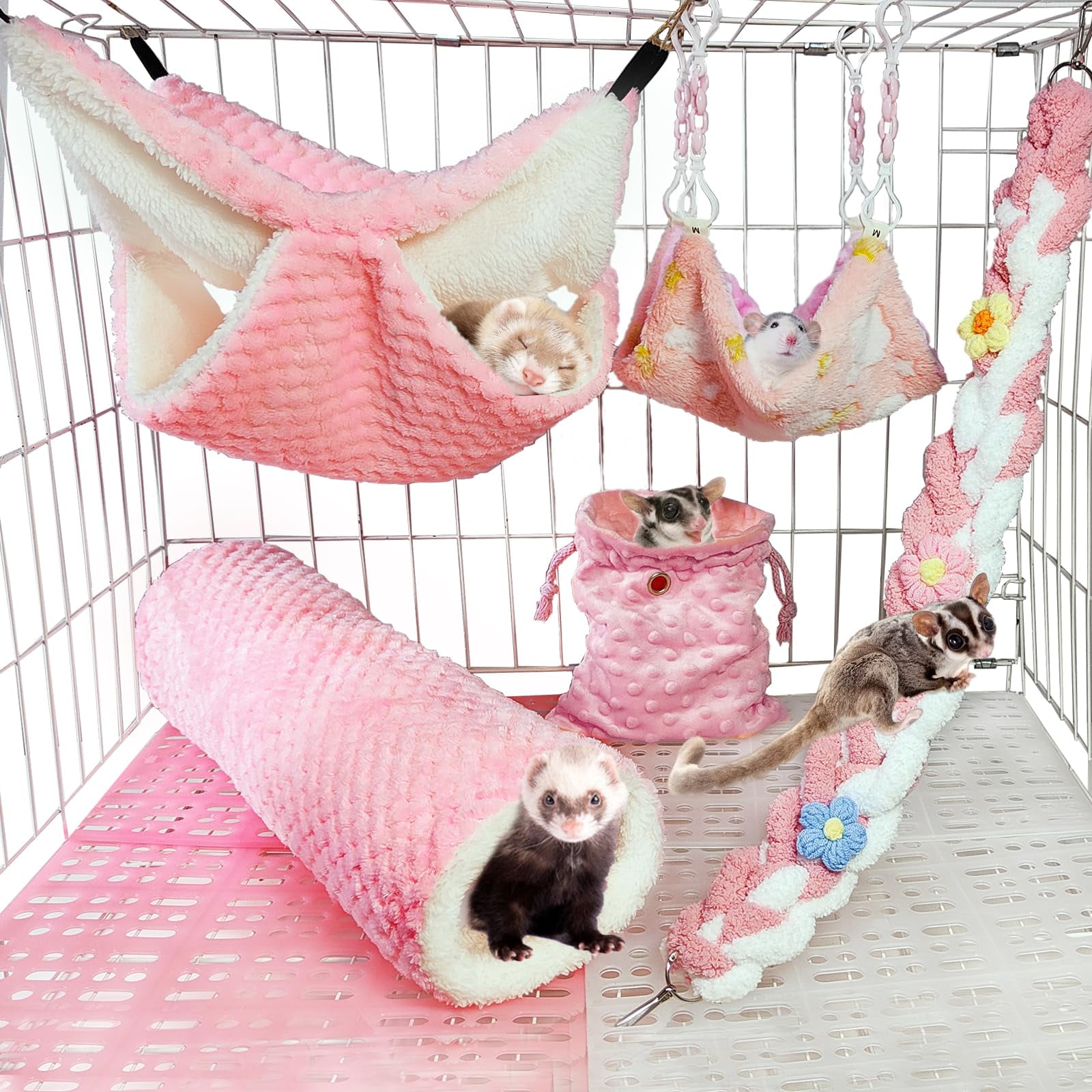 Pink Cotton Small Animal Play and Rest Set 5-Piece Ferret Rat Sugar Glider Cage Accessories