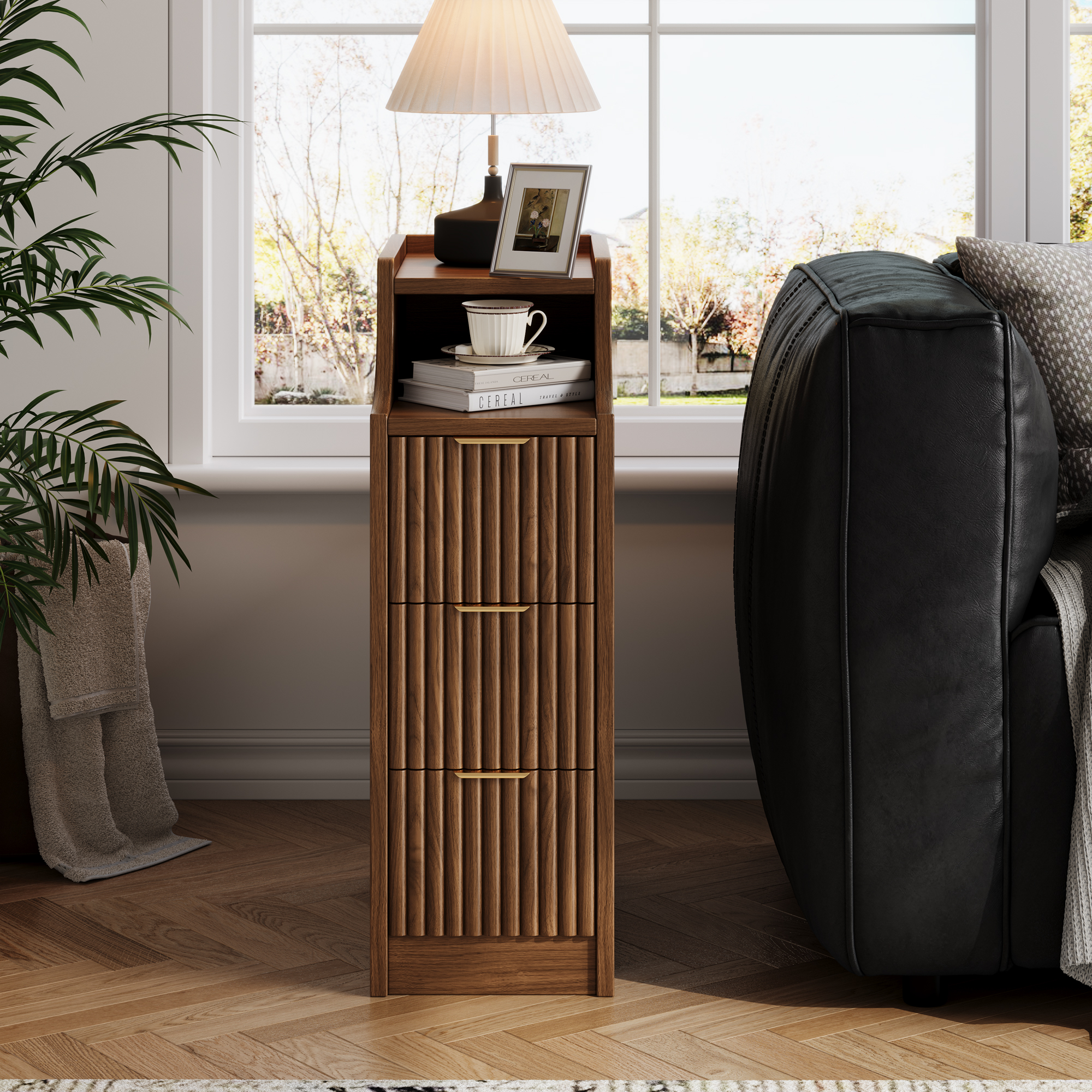 UGTOO Walnut Nightstand Pair – Slim 3-Drawer Bedside Tables with Open Compartment, Gold Accents (15.7"W x 23.6"H)