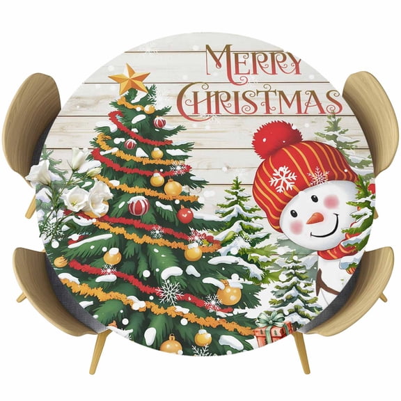 Snowman Christmas Round Tablecloth, Fitted Table Cover with Elastic for 36"-44" Round Tables, Xmas Tree Ball Snowflake Winter Wooden Table Cloth Outdoor Indoor Dinning Party Waterproof Tablecloths