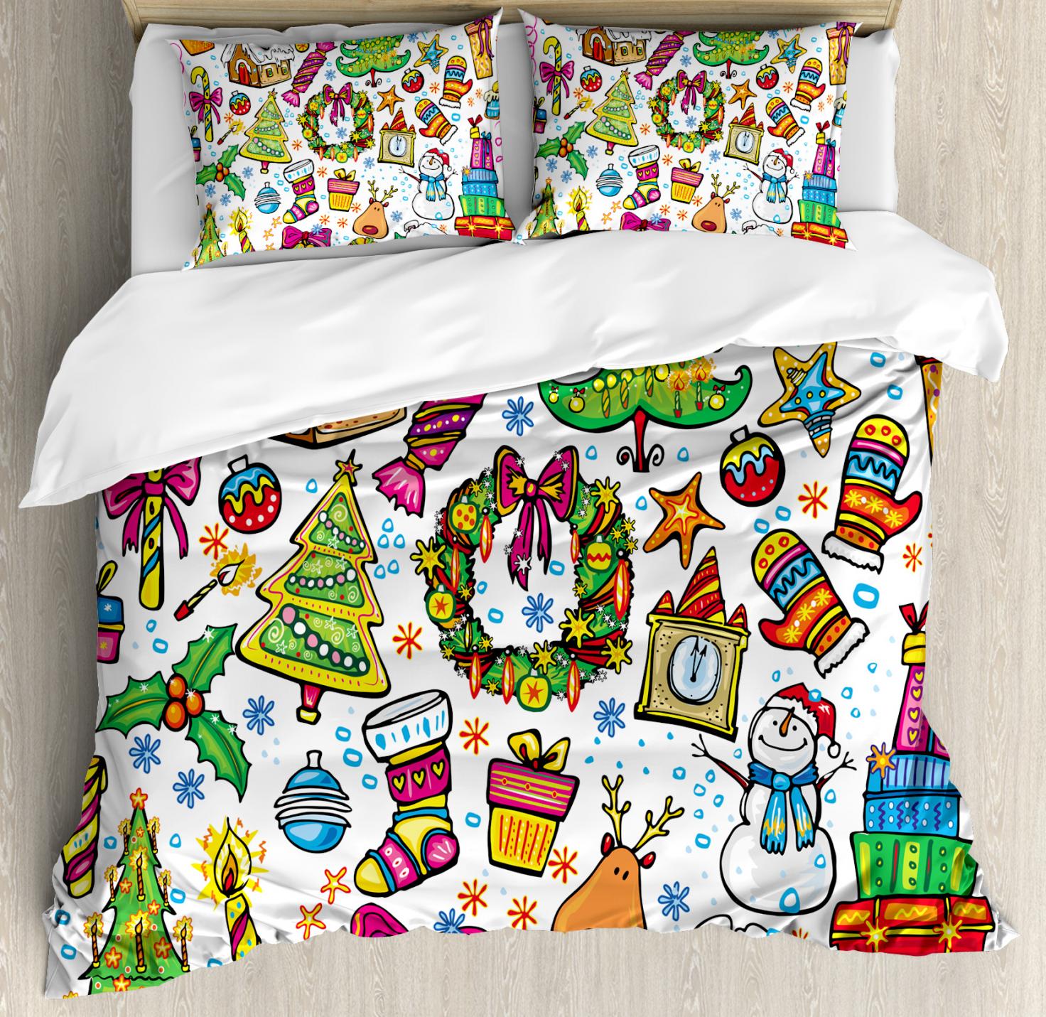 Christmas Duvet Cover Set, Cute Xmas Elements with Candies Snowman Fir