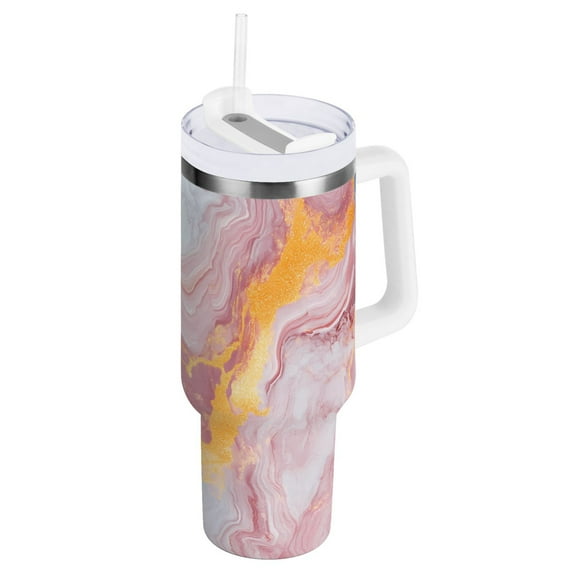 Blue Pink Yellow Marble Tumbler with Handle and Straw Lid 40 oz Insulated Vacuum Water Bottle Stainless Steel Travel Cup