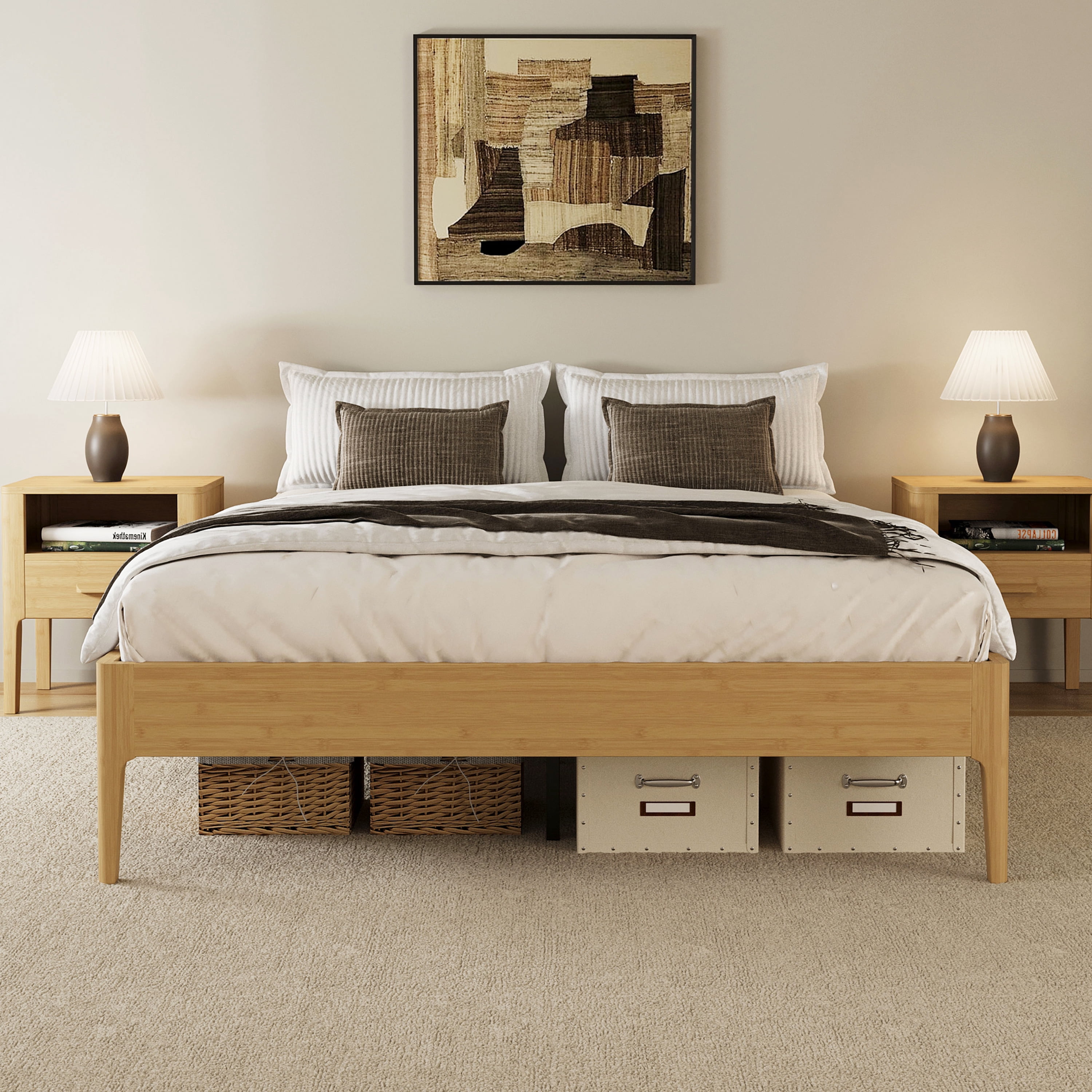 Euroco Bamboo Wood Platform Bed, Full Size Minimalist Style Bed, Natural