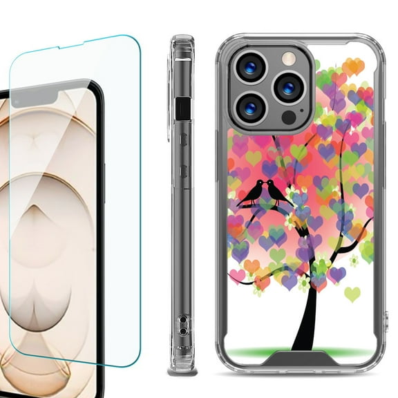 Shockproof Bumper Phone Case for iPhone 13 Pro Max, with Tempered Glass Screen Protector, by OneToughShield ® - Color Hearts Tree