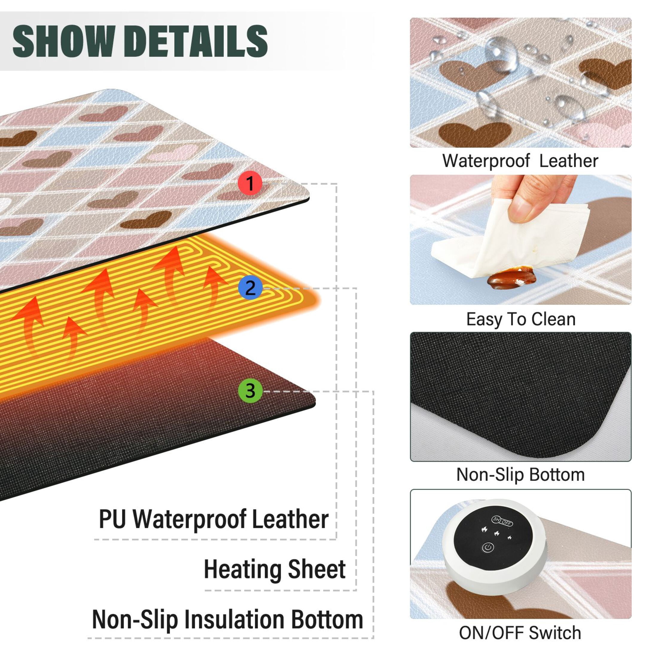 Large Heated Desk Mat Mouse Pad 31.5"x13"PU Leather Graphene Heating Desk Warmer with 3 Temperature Settings 110V US Plug Non-Slip Warm Pad for Home, Office, and Gaming Pastel Heart Argyle Pattern