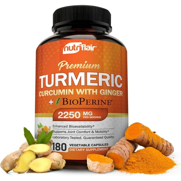 NutriFlair Turmeric Curcumin Supplement with Black Pepper and Ginger, 2250 mg per Serving, 180 Capsules