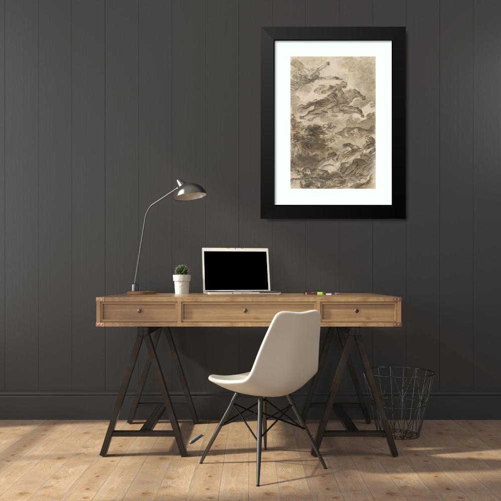 Jean-Honoré Fragonard 17x24 Black Modern Framed Museum Art Print Titled - Rinaldo, Astride Baiardo, Flies off in Pursuit of Angelica (C. 1795)