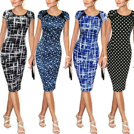 Elegant Sexy Dresses - New Sexy Elegant Women Pencil Bandage Dresses Short Sleeve Summer Bandage Evening Party O-neck Bodycon Slim Polka Dot Dress Knee Length Midi Dress