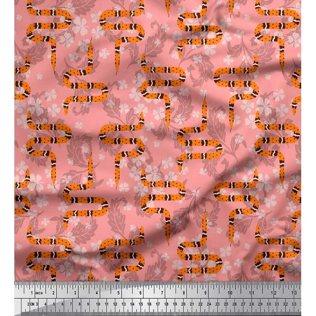 Soimoi Orange polyester Crepe Fabric Leaves,White Floral & Snake Reptile Decor Fabric Printed BTY 52 Inch Wide