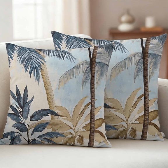 Pack of 2 Outdoor Pillow Covers,Waterproof Retro Palm Trees Throw Pillow Covers,Summer Botanical Vintage Watercolor Decorative Pillowcases Cushion Covers for Couch Pillow Sham Protector 16x16 Inch