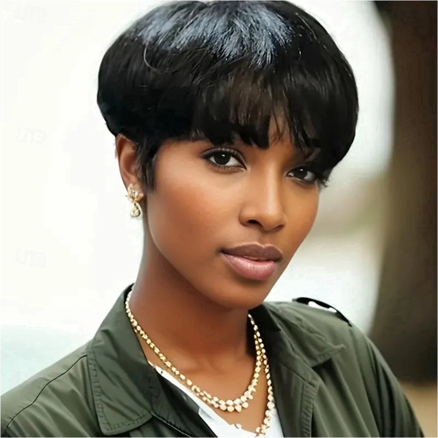 Short Straight Pixie Cut Wig Ombre 1B# Human Hair With Bangs 150% Density Full Machine Made Wigs For Women