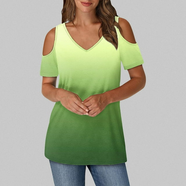 Soki Womens Tops Gradient Short Sleeved V-Neck Off Shoulder Fashionable Summer Clothes