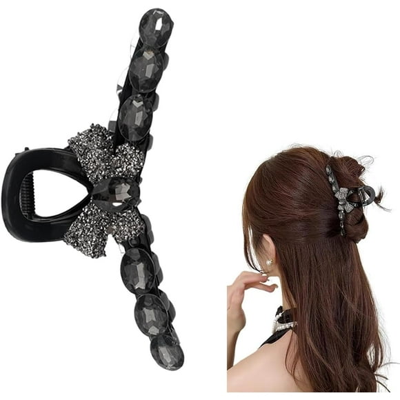 shiyou-Large Rhinestone Bow Claw Clips for Girls Bowknot Hair Claw Clip for Women Girls Bow Barrette for Hair Bows Clips for Women Girls Black No Slip Hair Clip Accessories for Party Prom