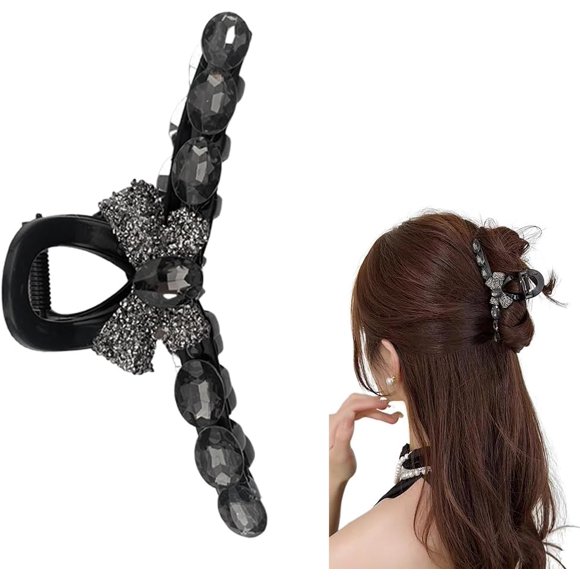shiyou-Large Rhinestone Bow Claw Clips for Girls Bowknot Hair Claw Clip for Women Girls Bow Barrette for Hair Bows Clips for Women Girls Black No Slip Hair Clip Accessories for Party Prom