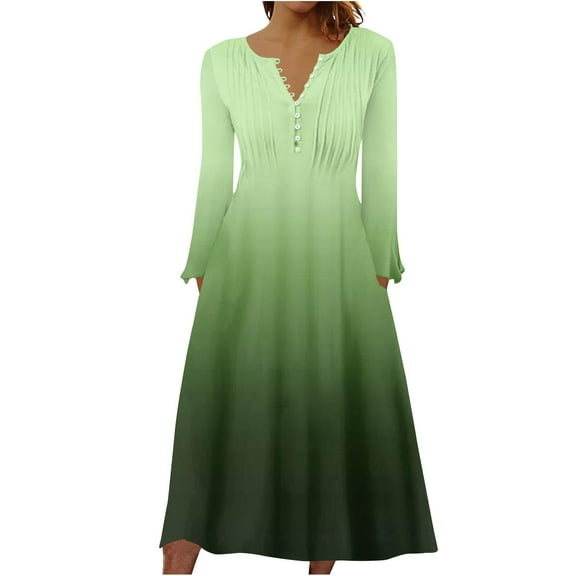 pstuiky Dresses for Women, Women Button Flower Print Pleated Dress Long Sleeve V-Neck Dress Mid-Calf Dress with Pocket Leisure Green L