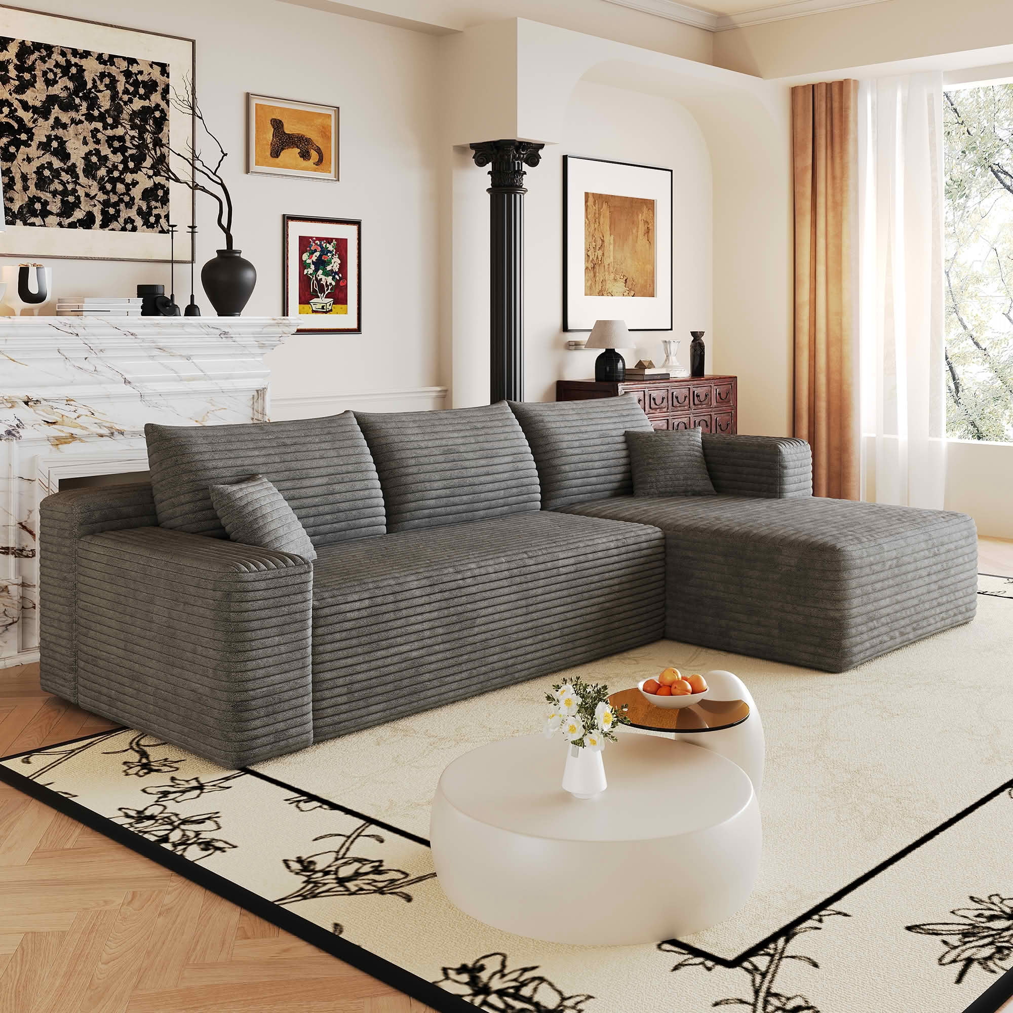 MAYEERTY 103 Inch L‑Shaped Cloud Sectional Sofa, Modern Minimalist Deep‑Seat Corner Couch, Plush Corduroy Upholstered Reversible Sofa, No‑Assembly Required for Living Room Apartment