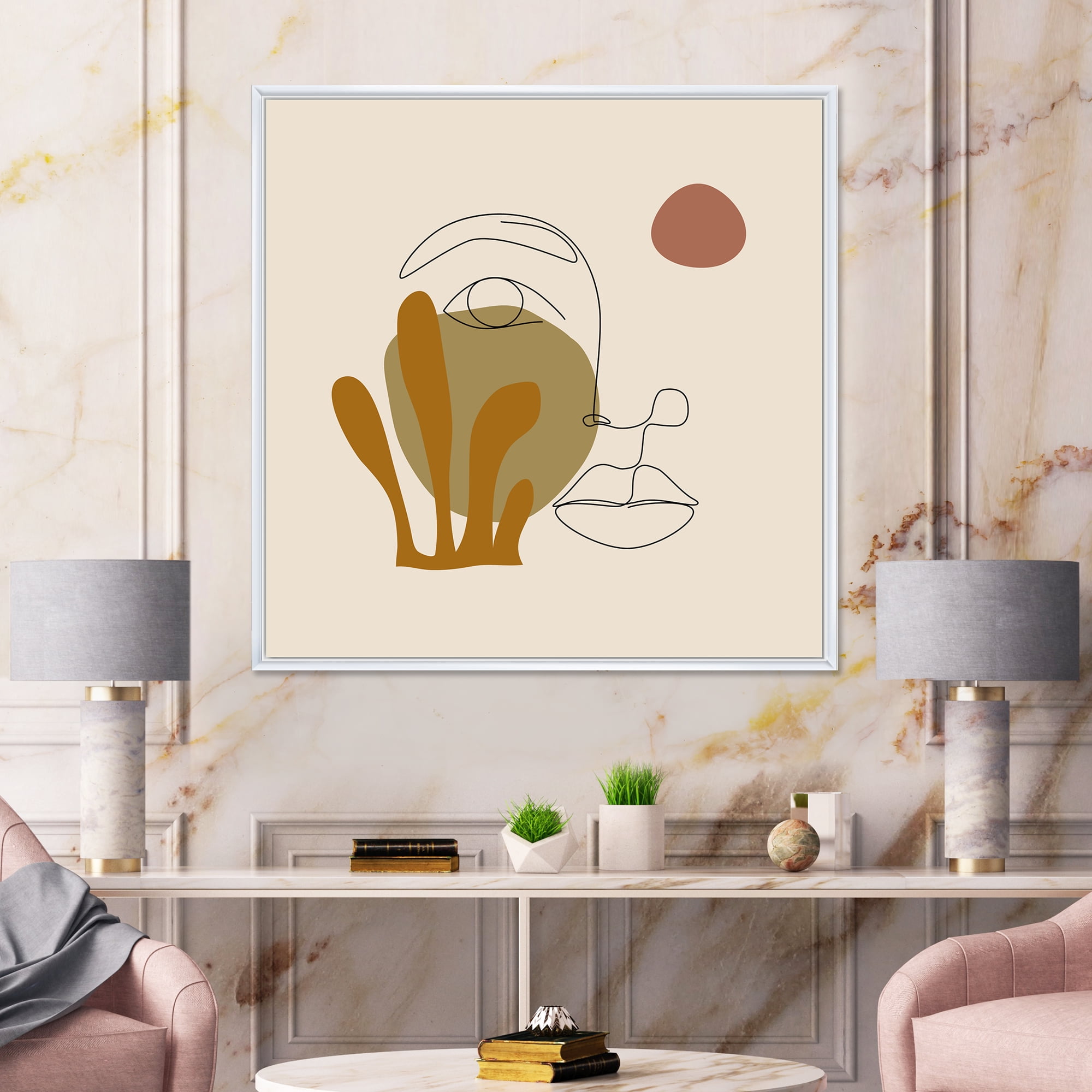 Designart 'One Line Art Portrait of Female In Terracotta Tones' Modern Framed Canvas Wall Art Print