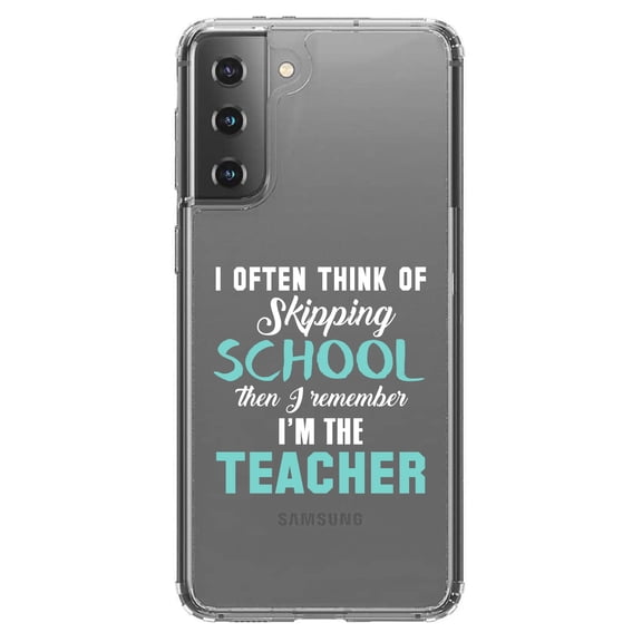 DistinctInk Clear Shockproof Hybrid Case for Galaxy S21 5G (6.2" Screen) - TPU Bumper Acrylic Back Tempered Glass Screen Protector - Think of Skipping School Remember I'm Teacher