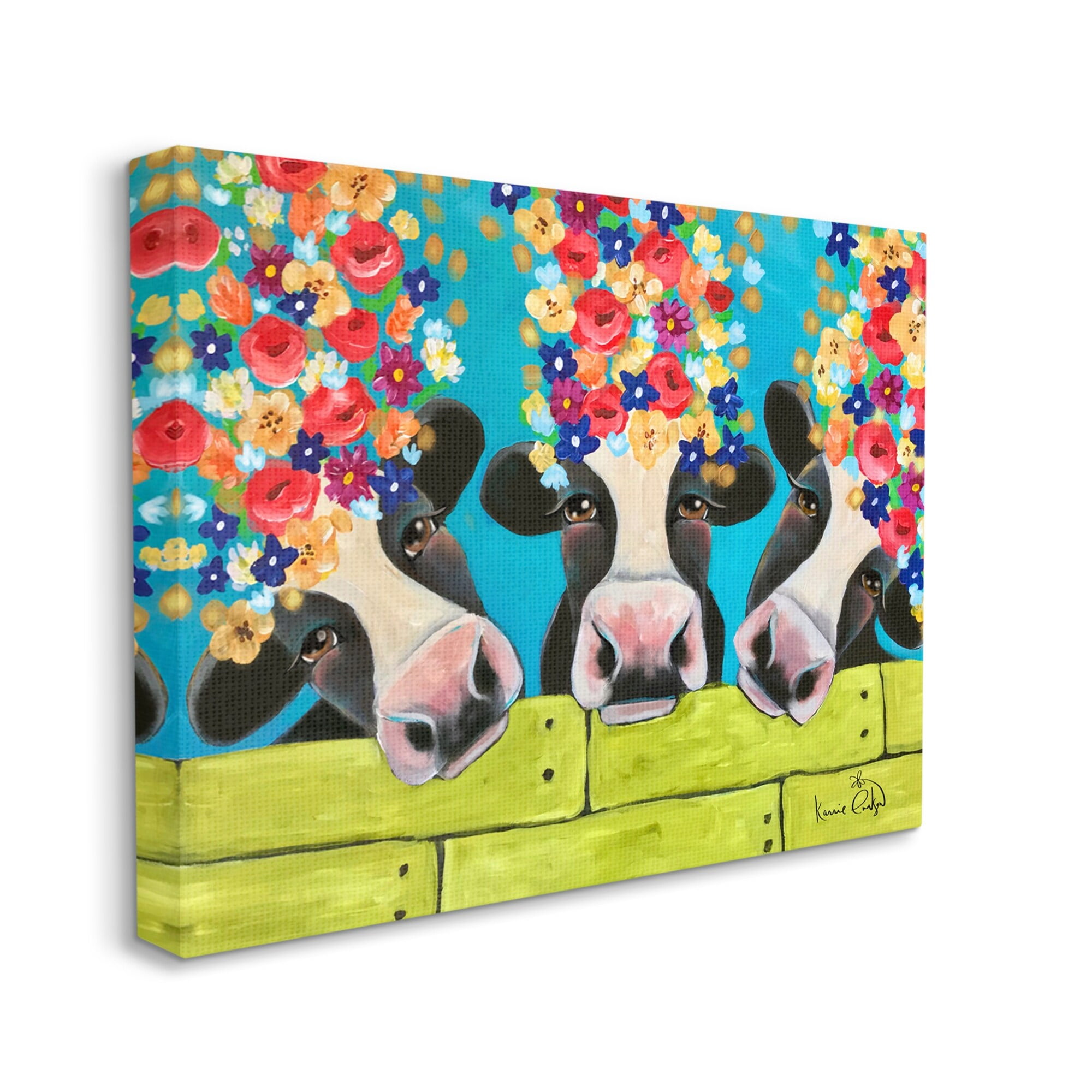 Stupell Industries Farm Cattle Cows Bright Flower Petals Green Planks Painting Gallery Wrapped Canvas Print Wall Art, Design by Karrie Evenson