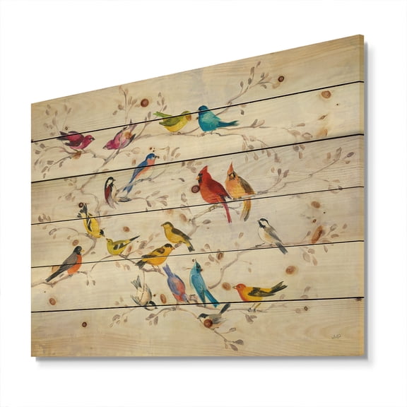 Designart 'Multi-Color Bird on Tree' Modern Farmhouse Print on Natural Pine Wood
