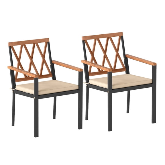 Biotree Outdoor Dining Chairs Set of 2 Patio Chairs with Removable Padded Cushions and Acacia Wood Armrests on Powder-Coated Metal Frame for Garden Backyard, Black and Natural